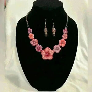 Pink flower necklace and earring set